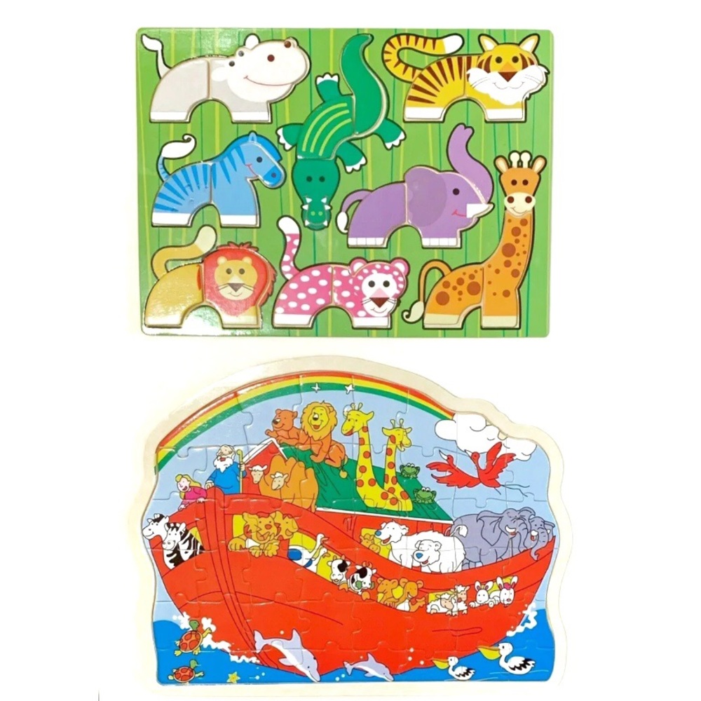 Wooden Puzzles Set Of 2 Kids Toddler Child Jigsaw Animals Noahs Ark Learning Toy